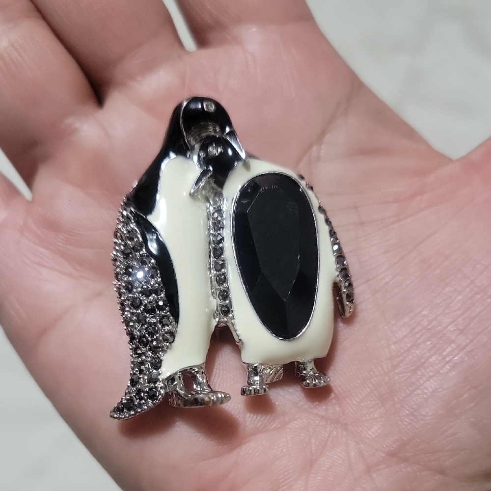 Vintage Enamel Penguin Bejeweled With black and white Crystal